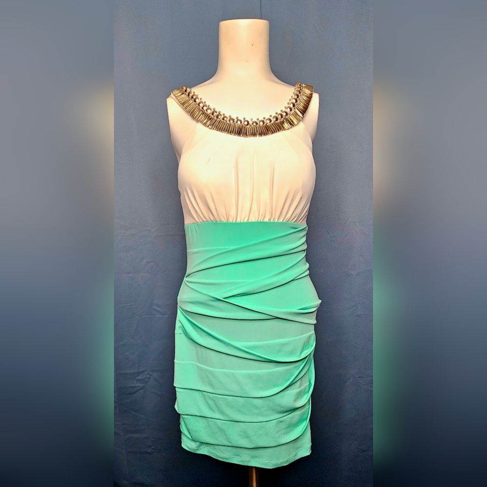 Jodi‎ Kristopher Mint & White Embellished Ruched Bodycon Coctail Dress Size M